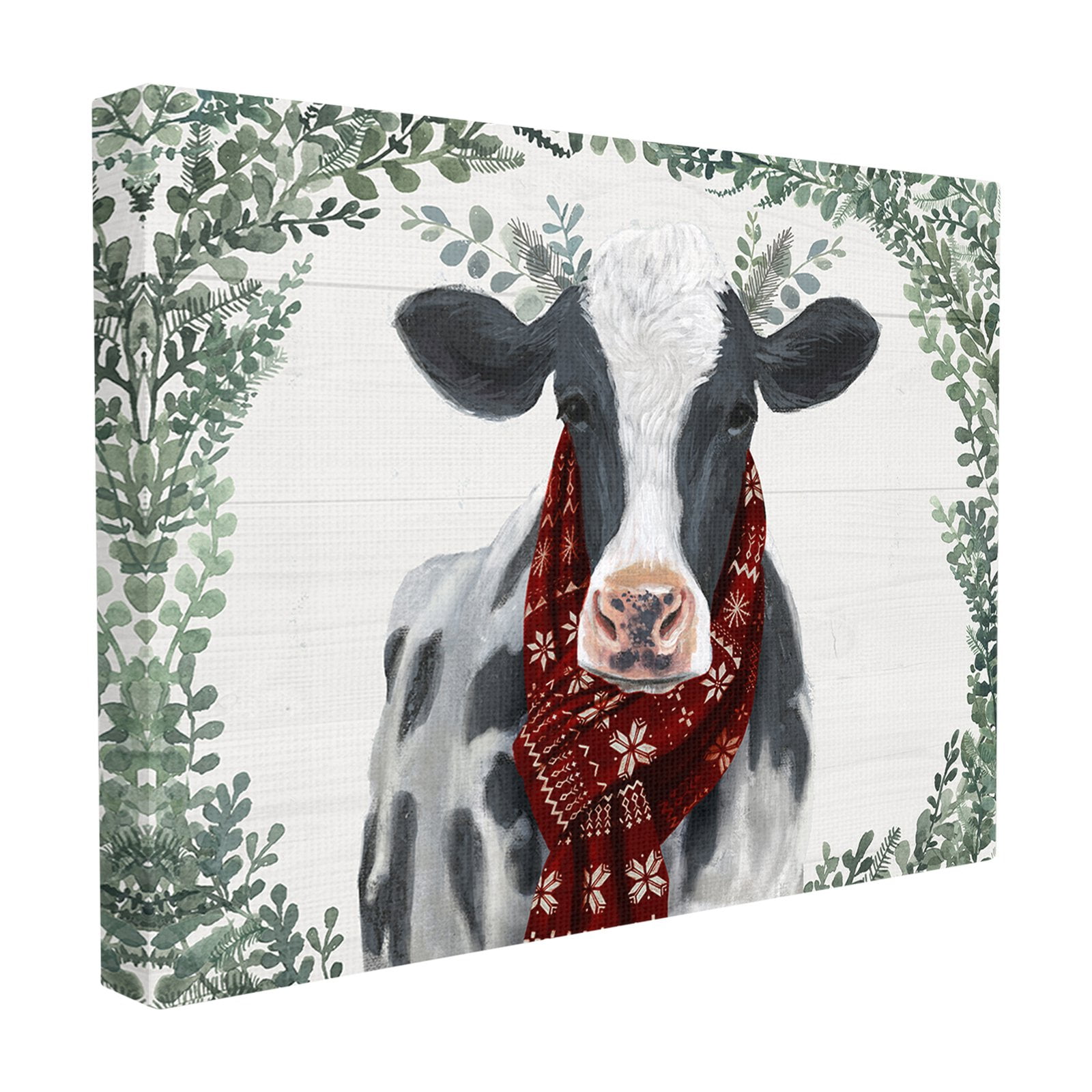 The Stupell Home Decor Collection Holiday Farmhouse Cow With Scarf and Boxwood Leaves Oversized Stretched Canvas Wall Art, 24 x 1.5 x 30