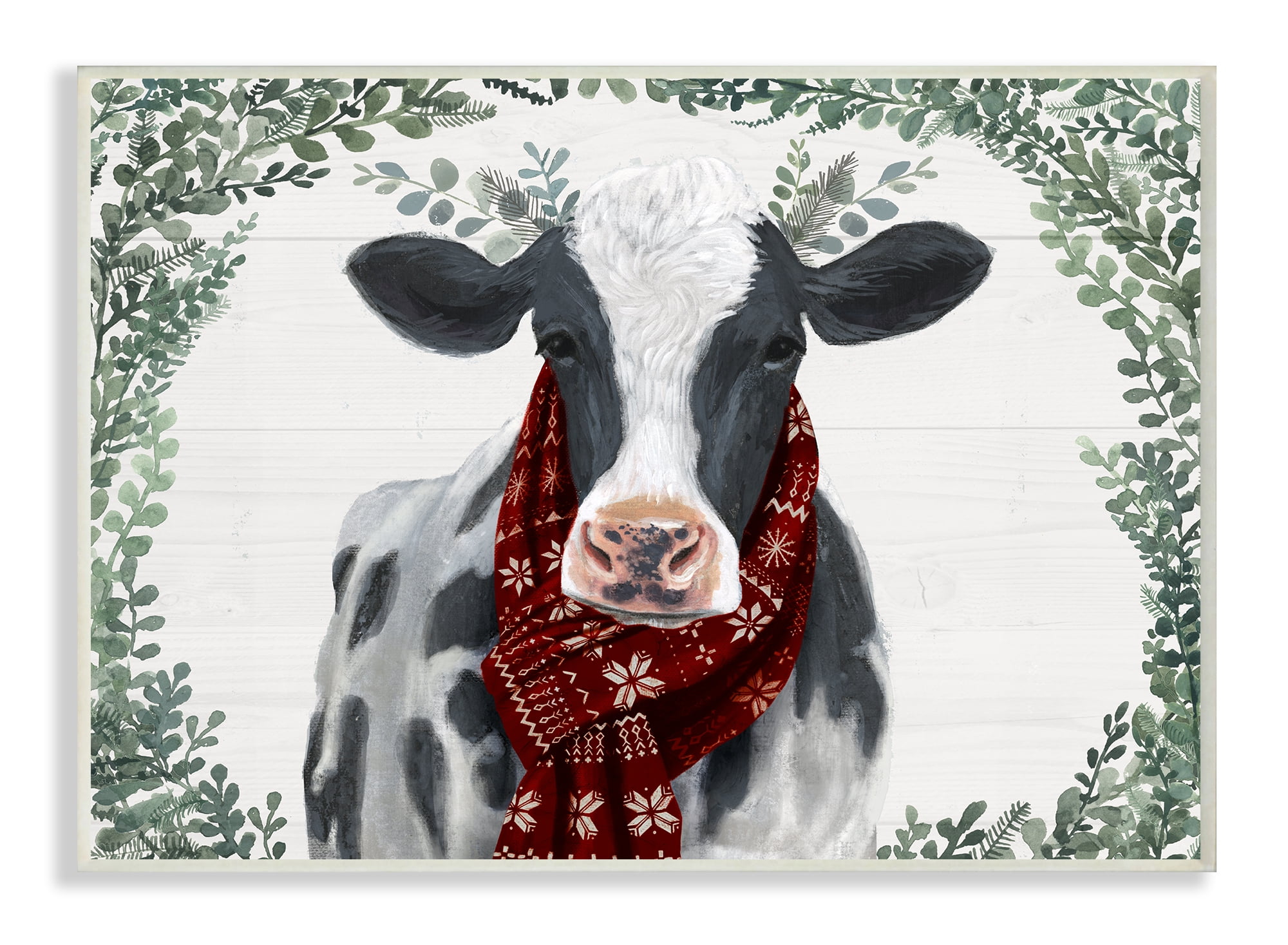 The Stupell Home Decor Collection Holiday Farmhouse Cow With Scarf and Boxwood Leaves Wall Plaque Art, 10 x 0.5 x 15