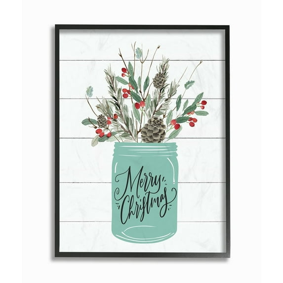 The Stupell Home Decor Collection Holiday Merry Christmas Mason Jar with Holly and Pinecones Framed Giclee Texturized Art, 11 x 1.5 x 14