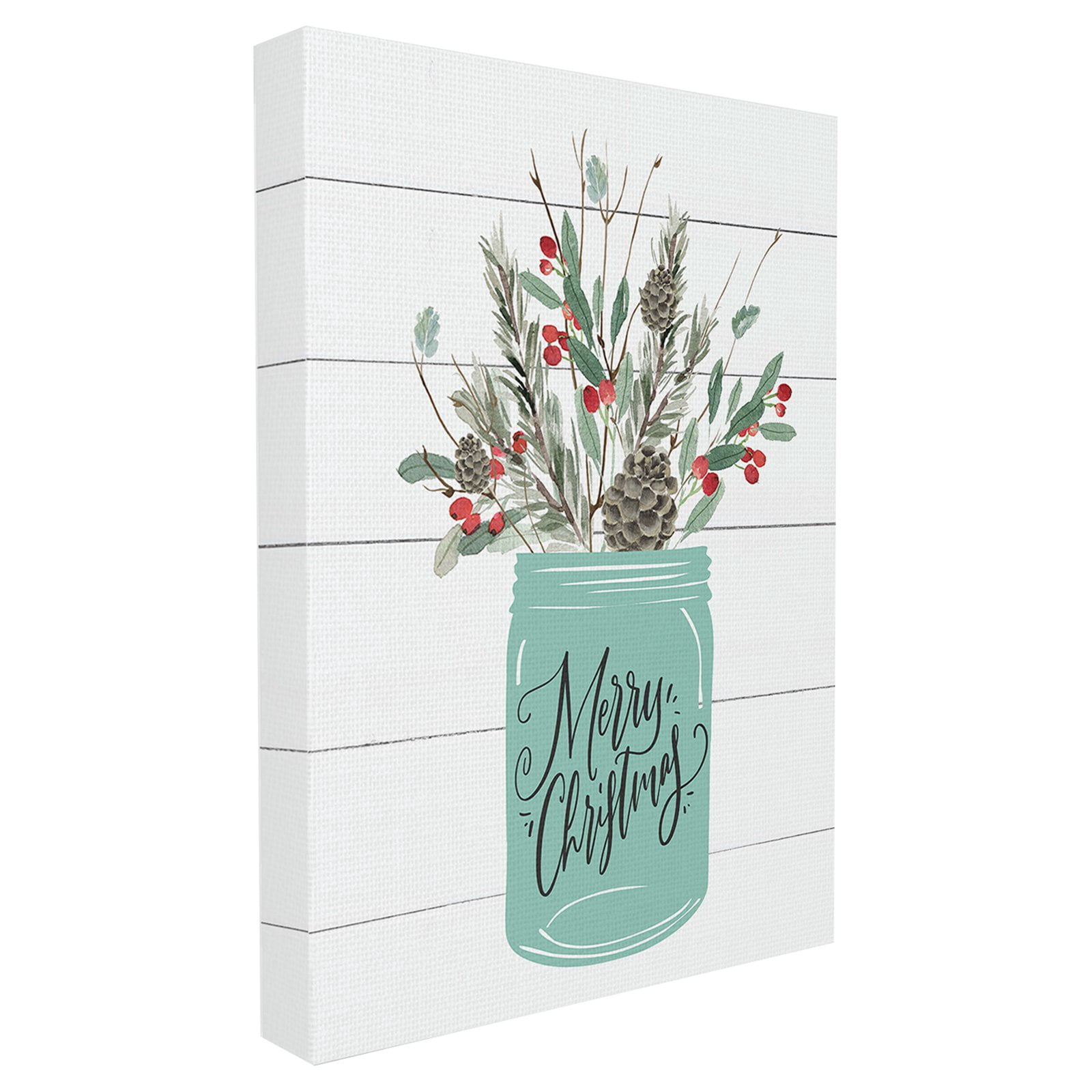 the stupell home decor collection holiday merry christmas mason jar with holly and pinecones oversized framed giclee texturized art, 16 x 1.5 x 20
