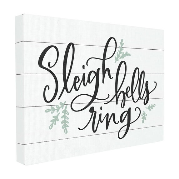 The Stupell Home Decor Collection Holiday Planked Look Sleigh Bells Ring Black White and Blue Typography Stretched Canvas Wall Art, 16 x 1.5 x 20
