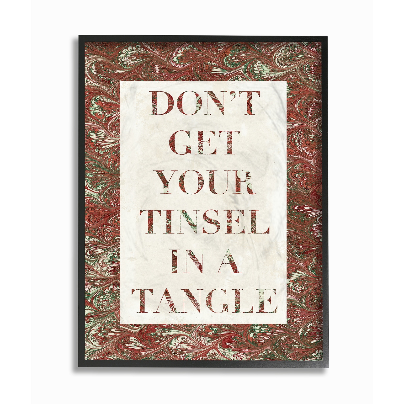 the stupell home decor collection holiday red and green marbled paper dont get your tinsel in a tangle oversized stretched canvas wall art, 24 x 1.5 x 30