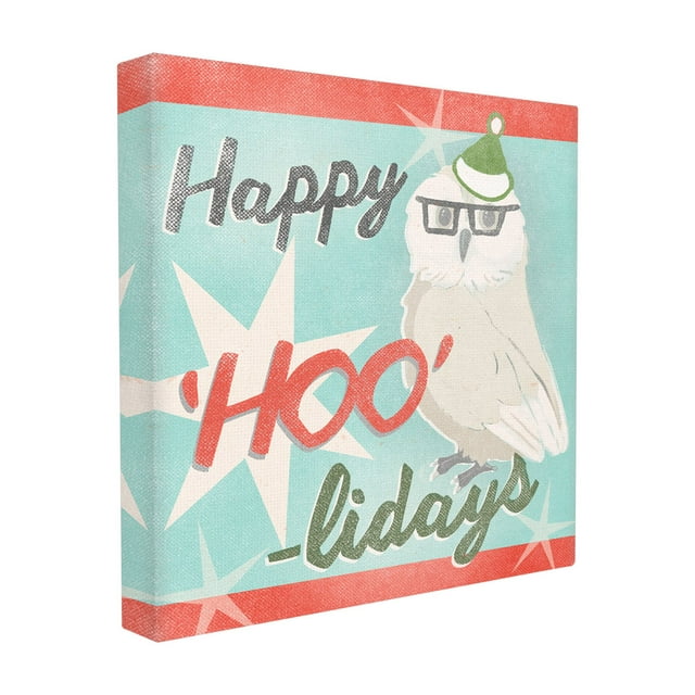 The Stupell Home Decor Collection Holiday Retro Inspired Christmas Happy Hoo-lidays Owl with Glasses and Hat Oversized Stretched Canvas Wall Art, 24 x 1.5 x 24