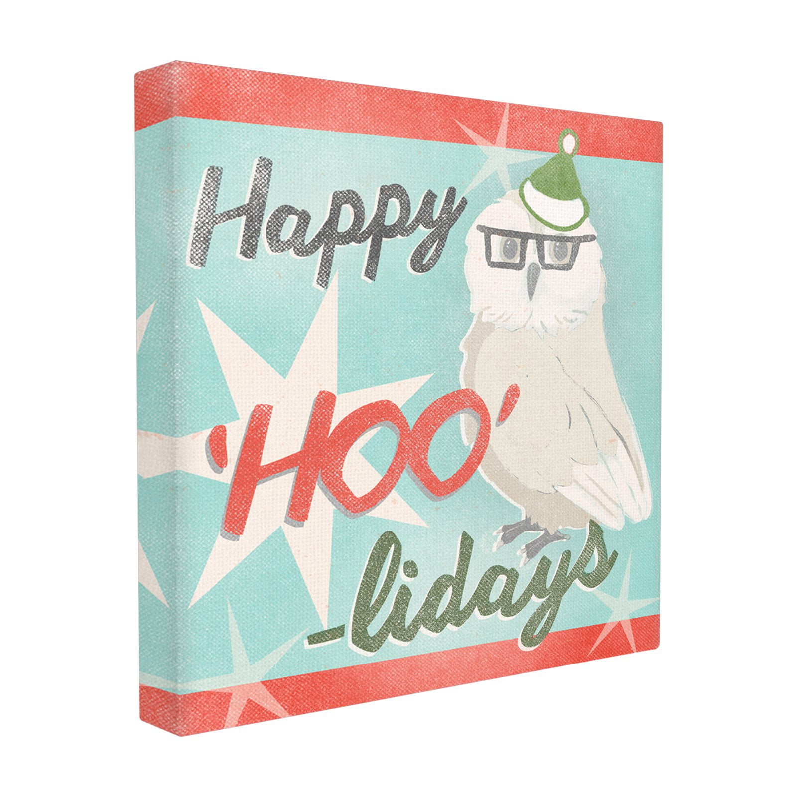 The Stupell Home Decor Collection Holiday Retro Inspired Christmas Happy Hoo-lidays Owl with Glasses and Hat Stretched Canvas Wall Art, 17 x 1.5 x 17