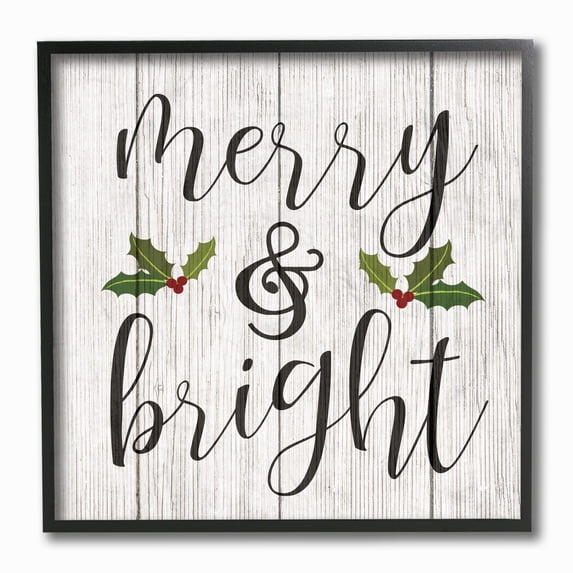 The Stupell Home Decor Collection Holiday Rustic Typography Merry And Bright with Holly Planked Look Framed Giclee Texturized Art, 12 x 1.5 x 12
