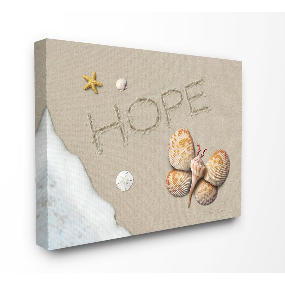 The Stupell Home Decor Collection Hope Written In Sand With Starfish Sand Dollar and Seashell Butterfly Canvas Wall Art