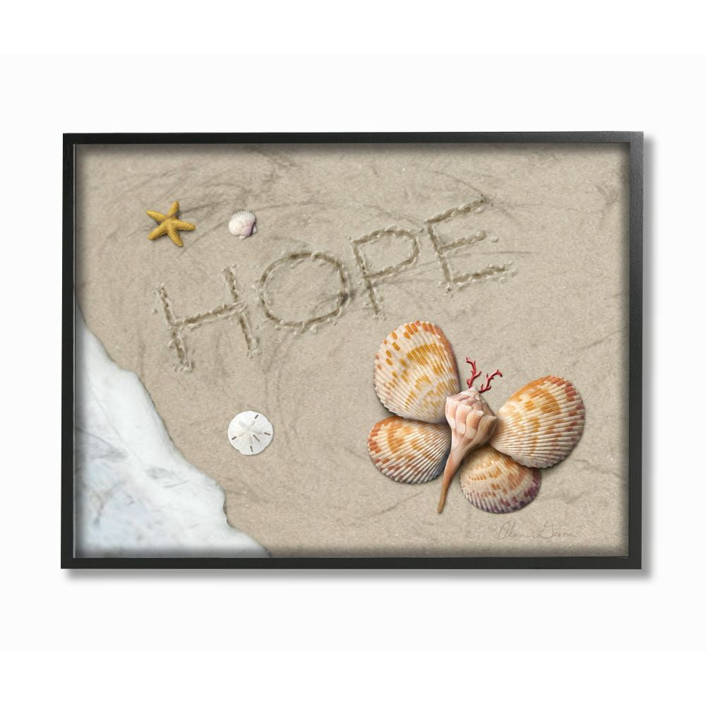 The Stupell Home Decor Collection Hope Written In Sand With Starfish Sand Dollar and Seashell Butterfly Framed Giclee Texturized Art