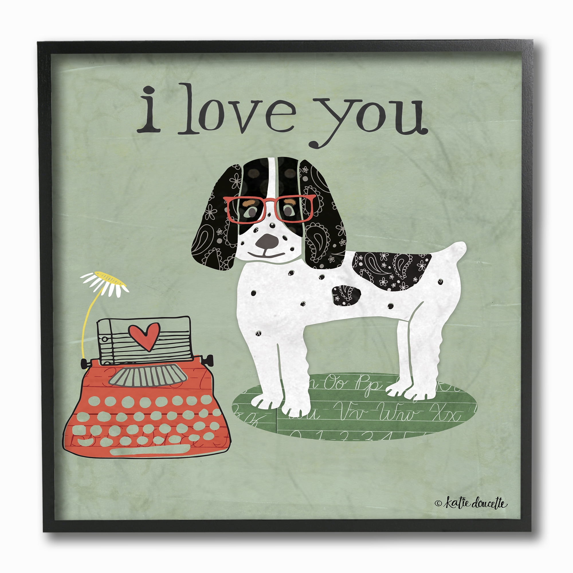 The Stupell Home Decor Collection I Love You Dog with Red Glasses and Typewriter Illustration Framed Giclee Texturized Art, 12 x 12