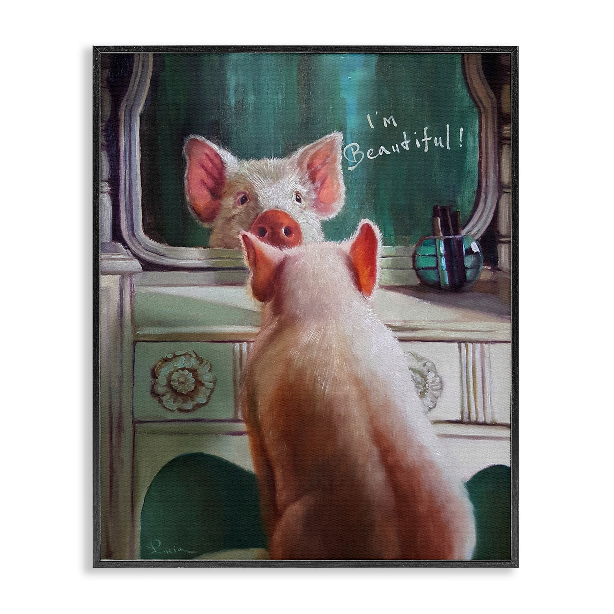 The Stupell Home Decor Collection I'm Beautiful Painted Pig in Mirror Framed Giclee Texturized Art, 16 x 1.5 x 20