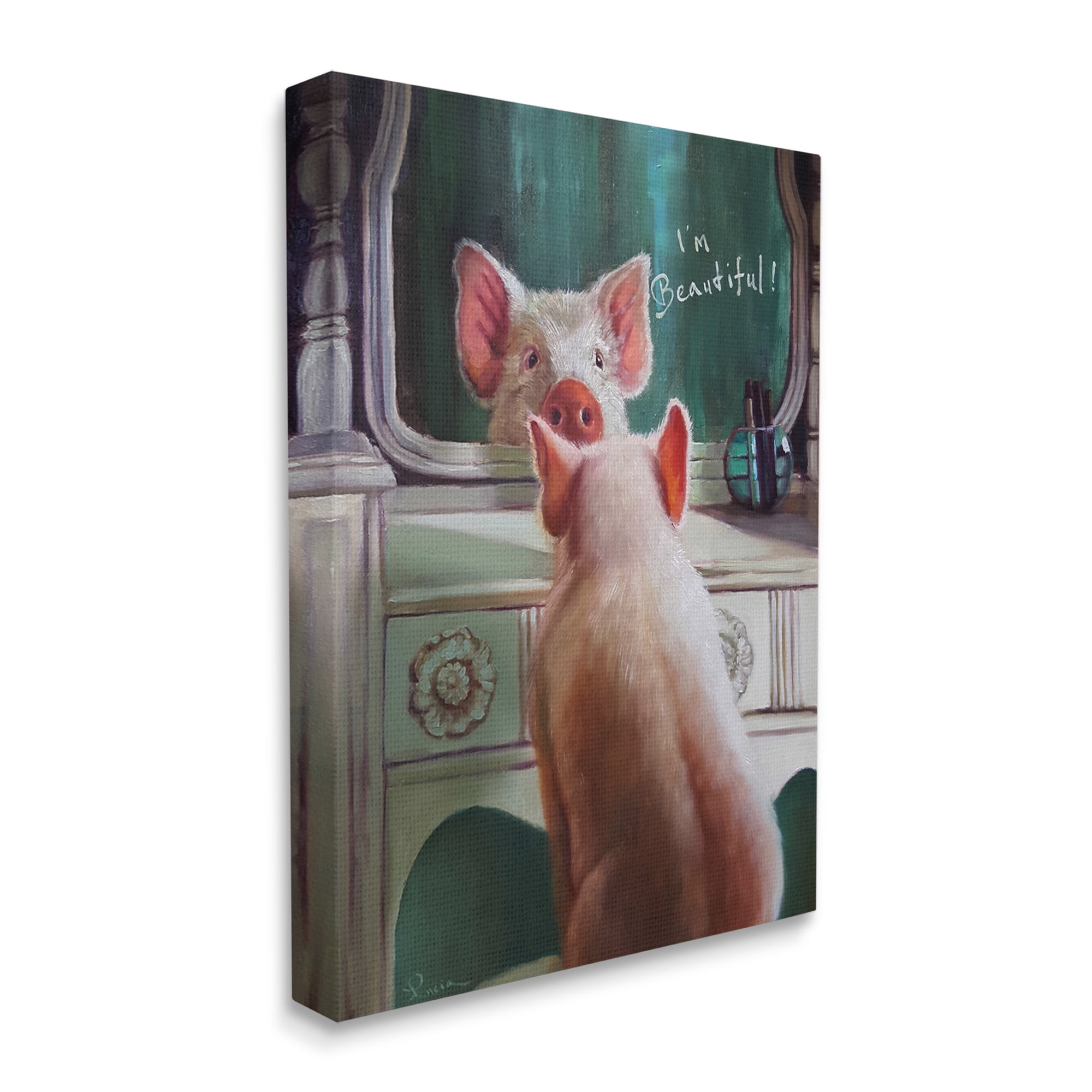 The Stupell Home Decor Collection I'm Beautiful Painted Pig in Mirror Illustration Oversized Stretched Canvas Wall Art, 24 x 1.5 x 30