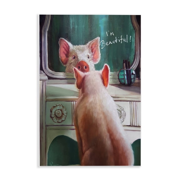 The Stupell Home Decor Collection I'm Beautiful Painted Pig in Mirror Illustration Oversized Wall Plaque Art, 12.5 x 0.5 x 18.5