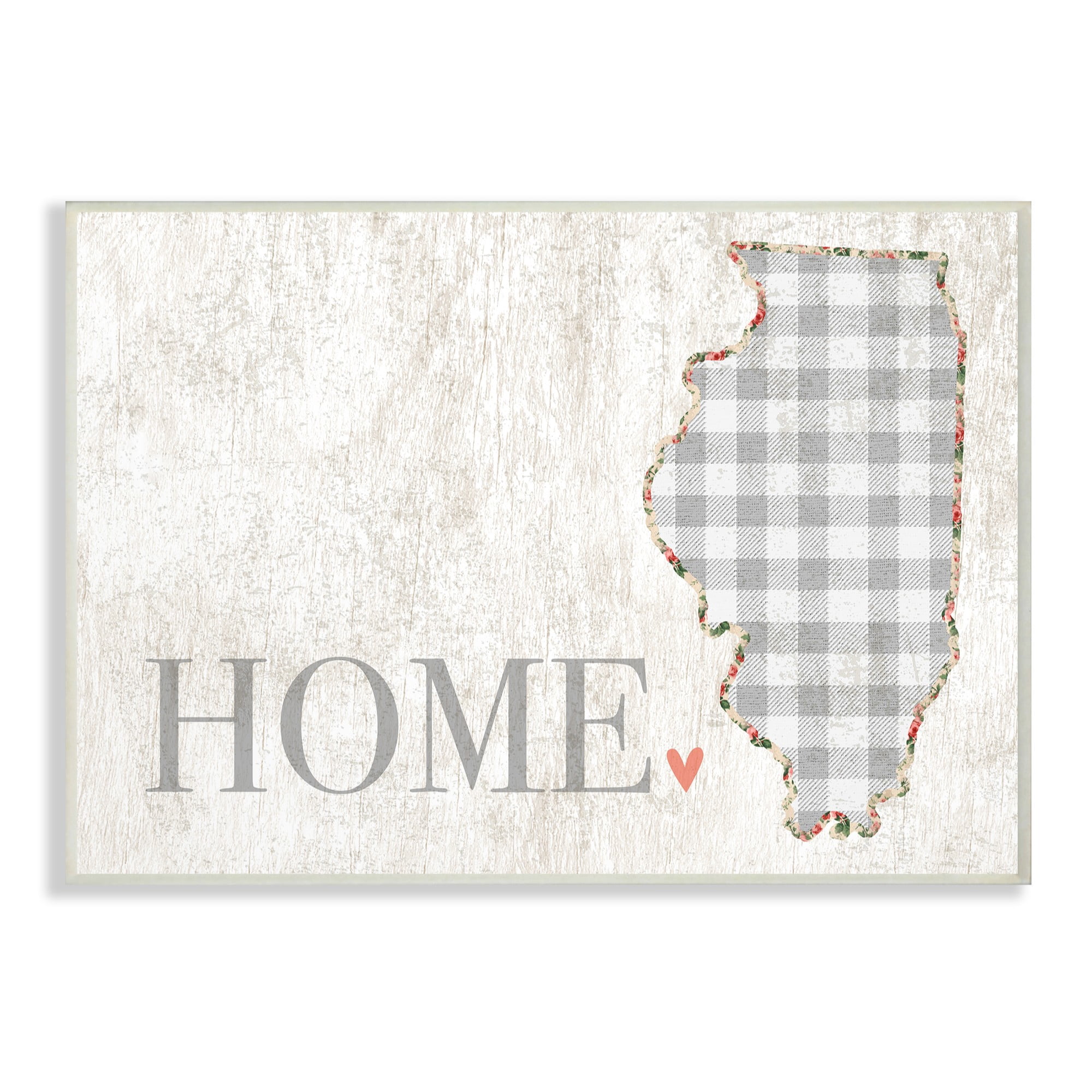 The Stupell Home Decor Collection Illinois Grey Gingham and Floral Heart and Home Oversized Wall Plaque Art, 12.5 x 0.5 x 18.5