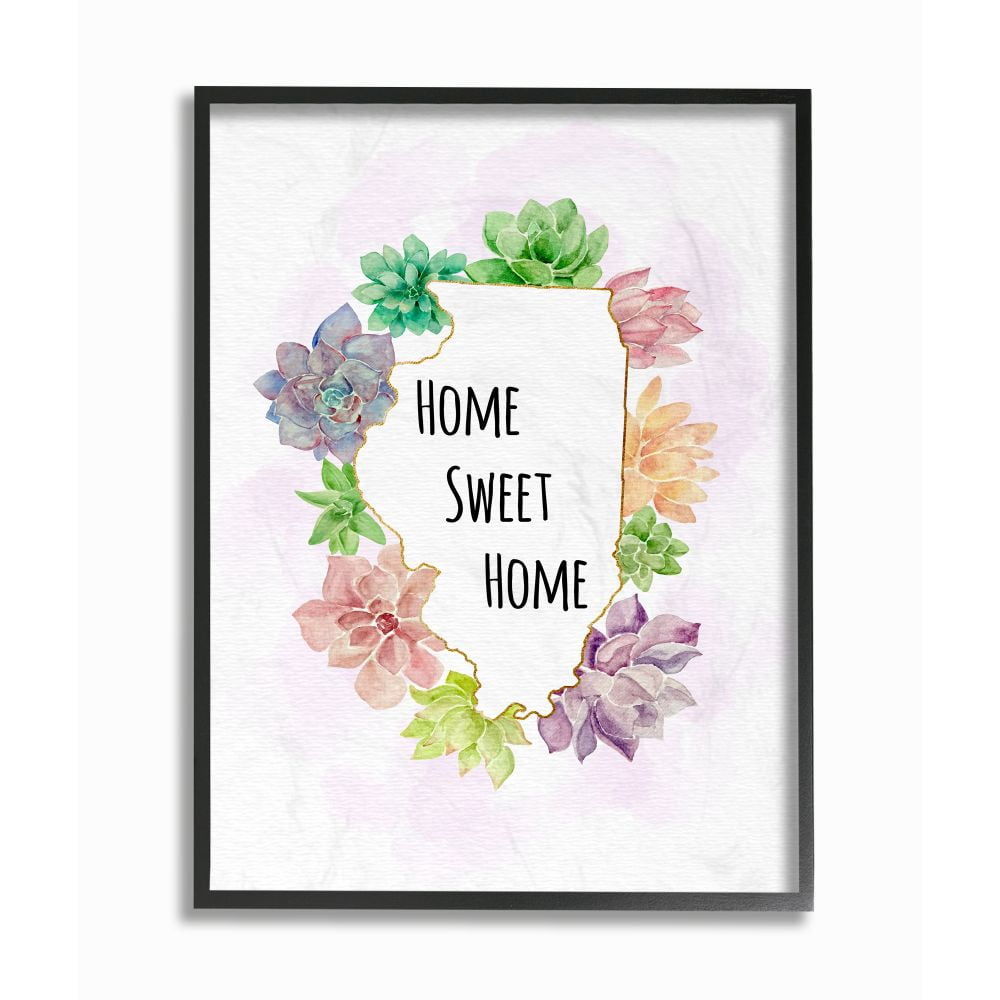 The Stupell Home Decor Collection Illinois State Home Sweet Home Succulent Watercolor Vignette Framed Giclee Texturized Art