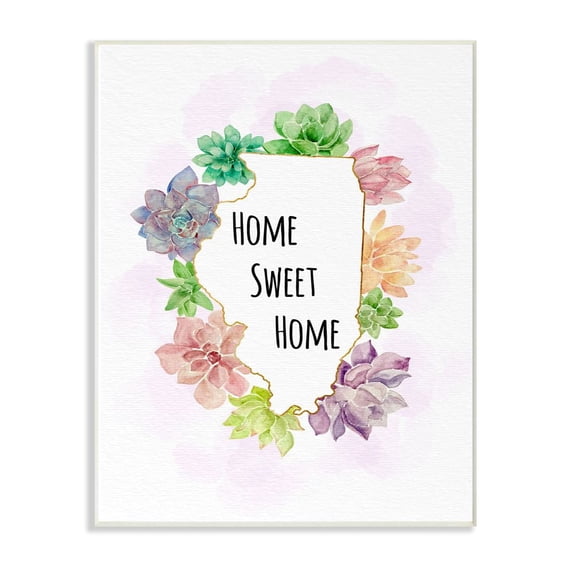 The Stupell Home Decor Collection Illinois State Home Sweet Home Succulent Watercolor Vignette Wood Wall Art
