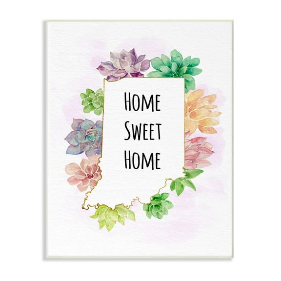 The Stupell Home Decor Collection Indiana State Home Sweet Home Succulent Watercolor Vignette Wood Wall Art