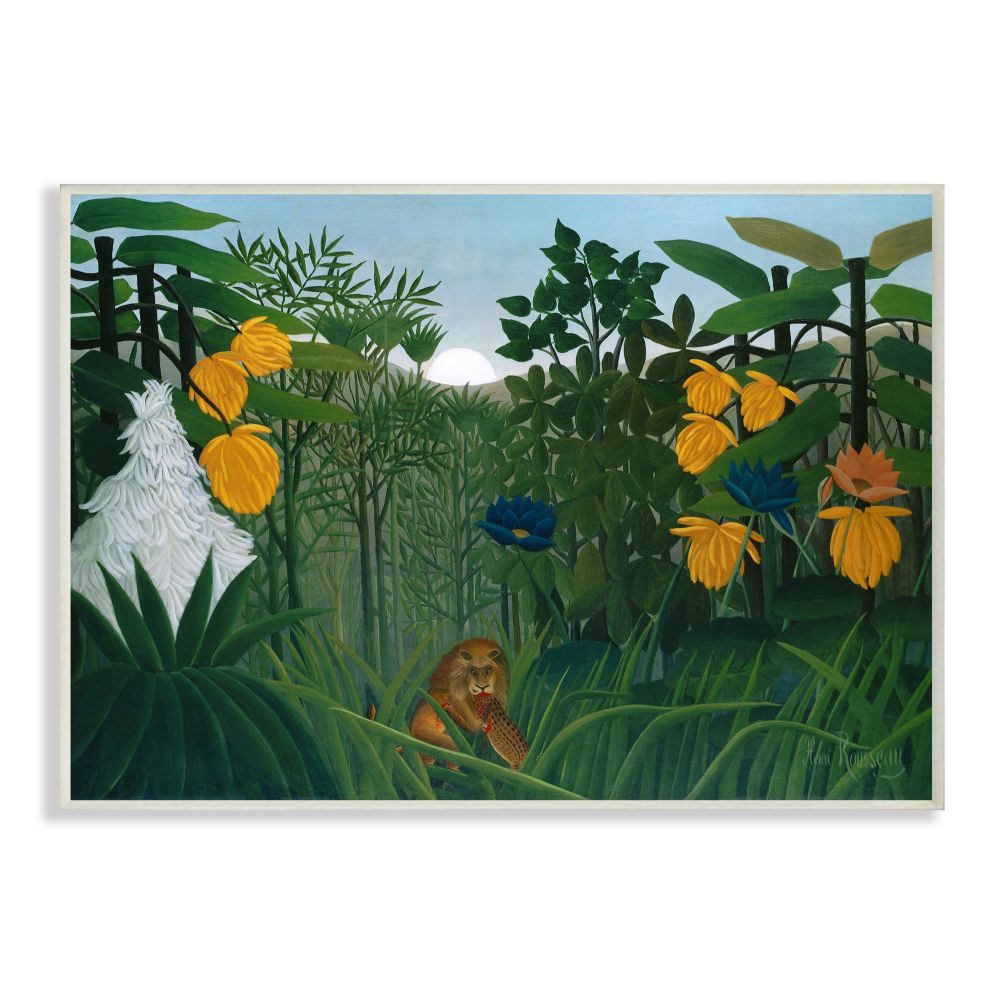The Stupell Home Decor Collection Jungle Sunrise Lion Conflict Illustration Wood Wall Art