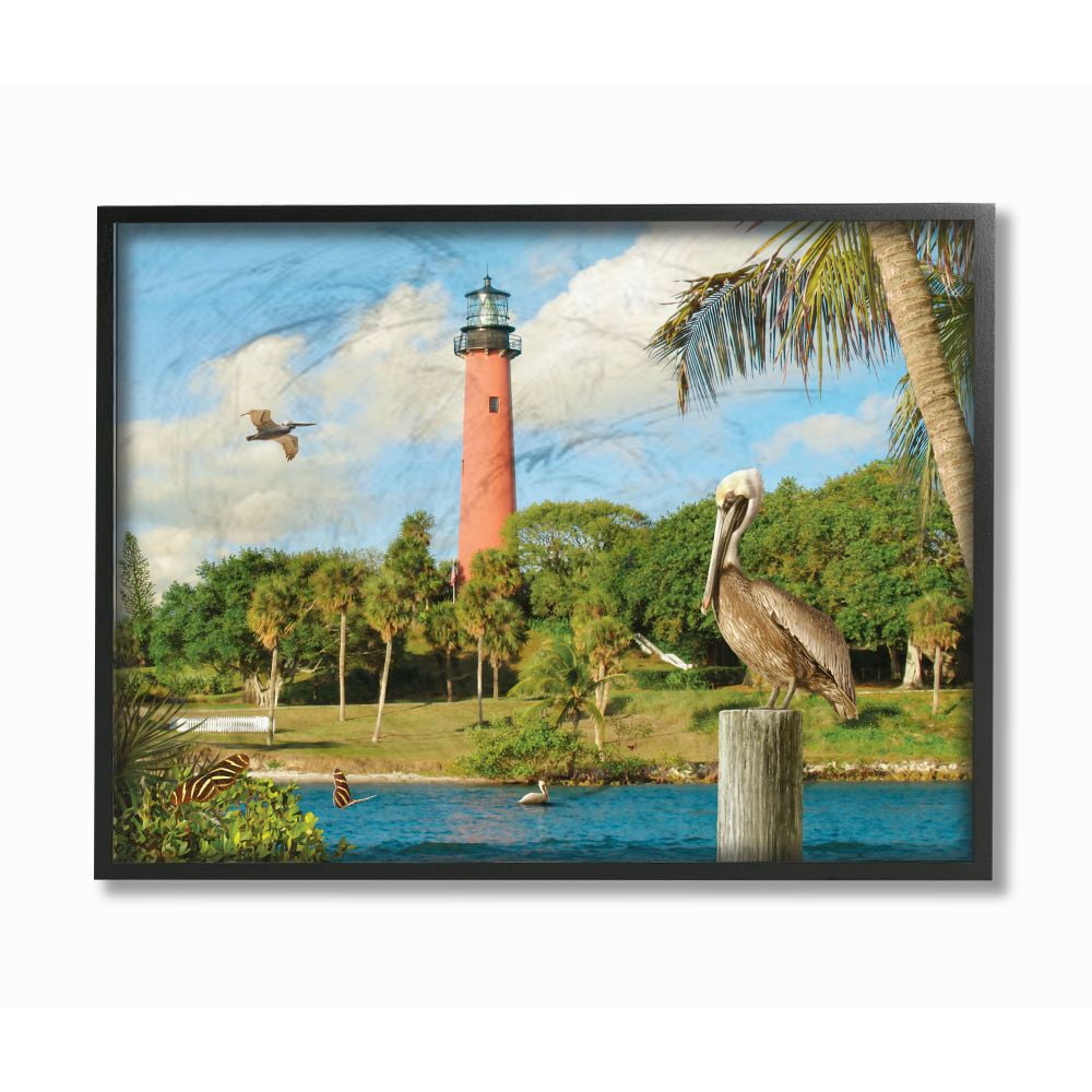 The Stupell Home Decor Collection Juptier Inlet Bright Red Lighthouse with Tropical Birds and Palm Trees Framed Giclee Texturized Art