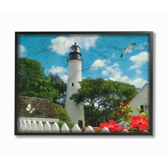 The Stupell Home Decor Collection Key West Light House with Picket Fence Butterfly and Seagull Framed Giclee Texturized Art