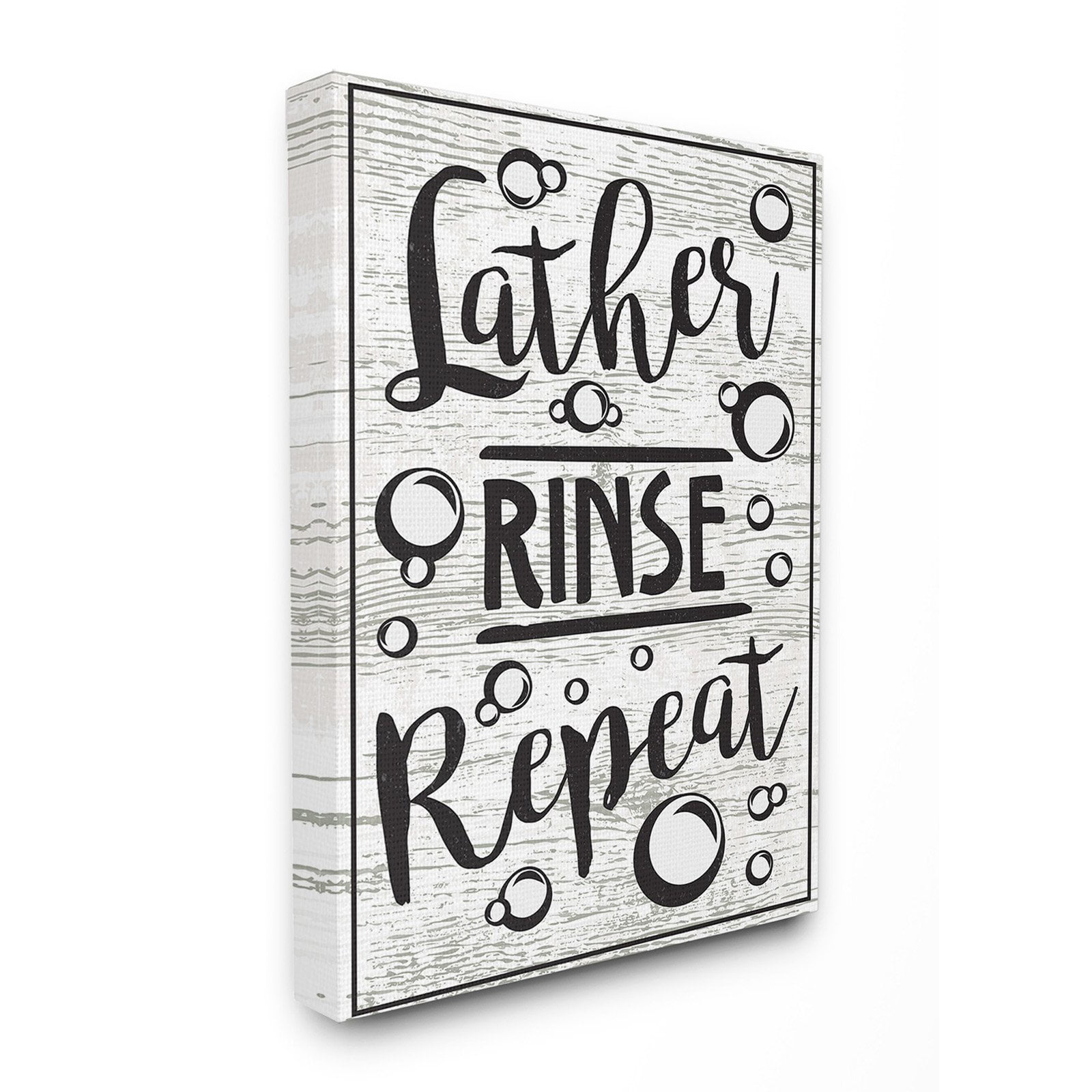 The Stupell Home Decor Collection Lather Rinse Repeat Black and White Typography with Bubbles Stretched Canvas Wall Art, 16 x 1.5 x 20