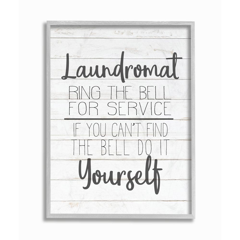 The Stupell Home Decor Collection Laundromat Ring The Bell or Do It Yourself Black and White Planked Look Gray Farmhouse Rustic Framed Giclee Texturized Art
