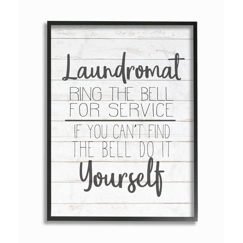 The Stupell Home Decor Collection Laundromat Ring The Bell or Do It Yourself Black and White Planked Look Black Framed Giclee Texturized Art