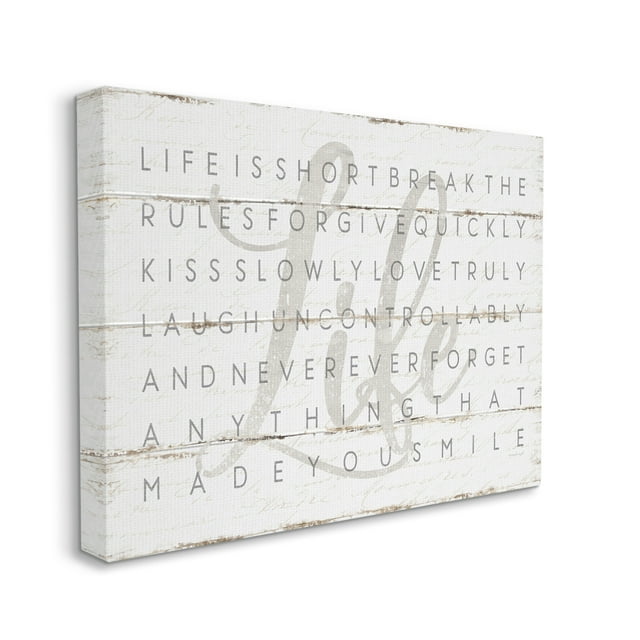 The Stupell Home Decor Collection Life Is Short Smile Grey on White Planked Look Stretched Canvas Wall Art, 16 x 1.5 x 20