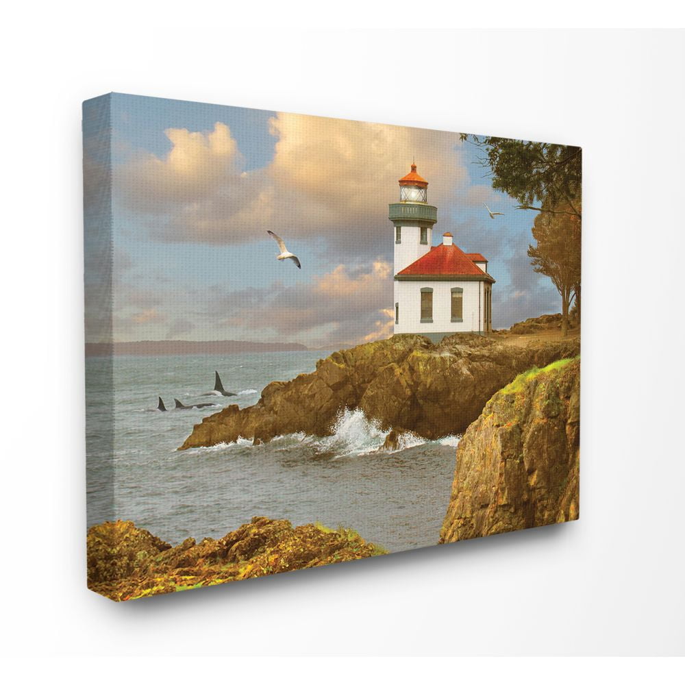 The Stupell Home Decor Collection Lime Kiln Cliff Side Ocean Wave Lighthouse with Whale Fins and Seagull Super Canvas Wall Art