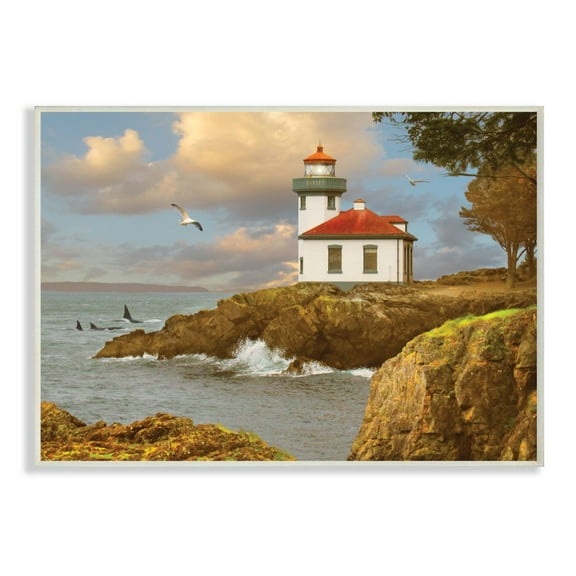The Stupell Home Decor Collection Lime Kiln Cliff Side Ocean Wave Lighthouse with Whale Fins and Seagull Wall Plaque Art