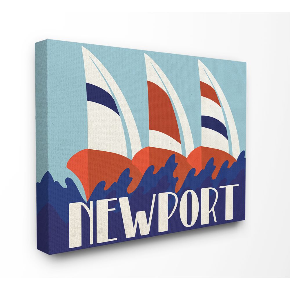 The Stupell Home Decor Collection Lithograph Poster Style Blue Red and White Striped Newport Sailboats Canvas Wall Art