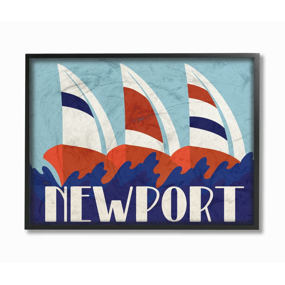 The Stupell Home Decor Collection Lithograph Poster Style Blue Red and White Striped Newport Sailboats Framed Giclee Texturized Art