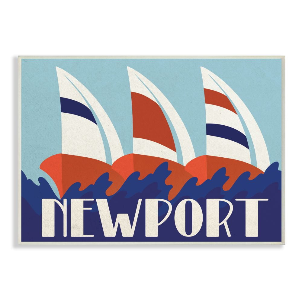 The Stupell Home Decor Collection Lithograph Poster Style Blue Red and White Striped Newport Sailboats Wall Plaque Art