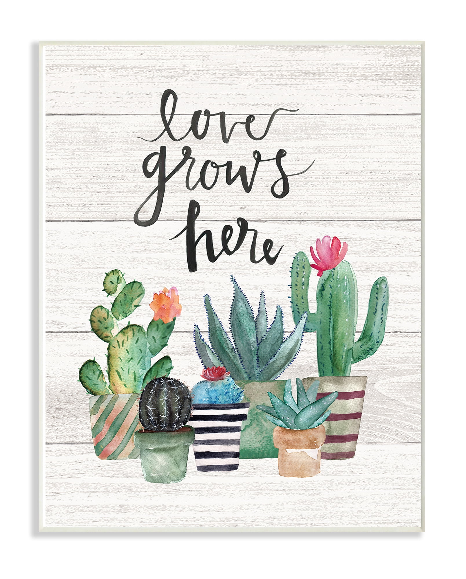 The Stupell Home Decor Collection Love Grows Here Cactus Succulents Watercolor Wall Plaque Art, 10 x 0.5 x 15