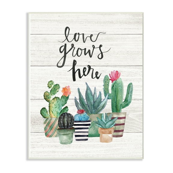 The Stupell Home Decor Collection Love Grows Here Cactus Succulents Watercolor Wall Plaque Art, 10 x 0.5 x 15