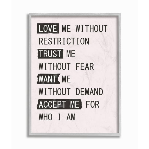 The Stupell Home Decor Collection Love Trust Want Accept Me Inspirational Pink Type Design Framed Giclee Texturized Art