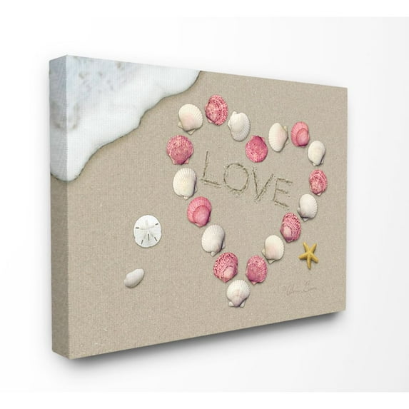 The Stupell Home Decor Collection Love Written In Sand With Starfish Sand Dollar and Seashell Heart Canvas Wall Art
