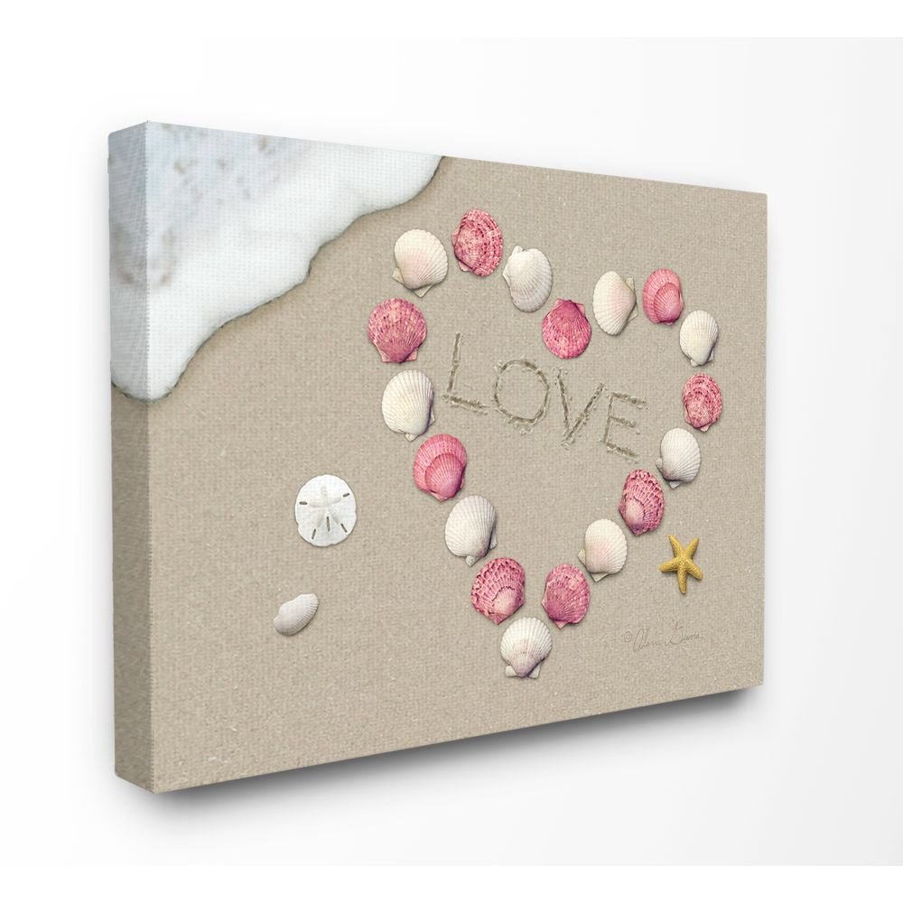 The Stupell Home Decor Collection Love Written In Sand With Starfish Sand Dollar and Seashell Heart Super Canvas Wall Art