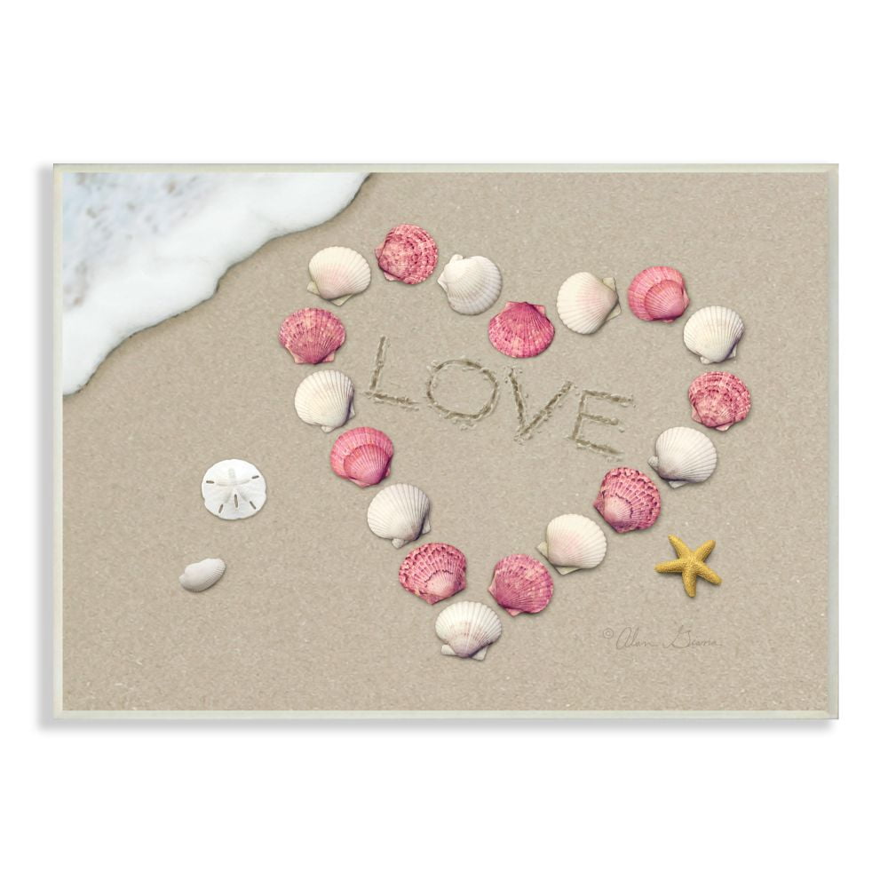 The Stupell Home Decor Collection Love Written In Sand With Starfish Sand Dollar and Seashell Heart Wall Plaque Art