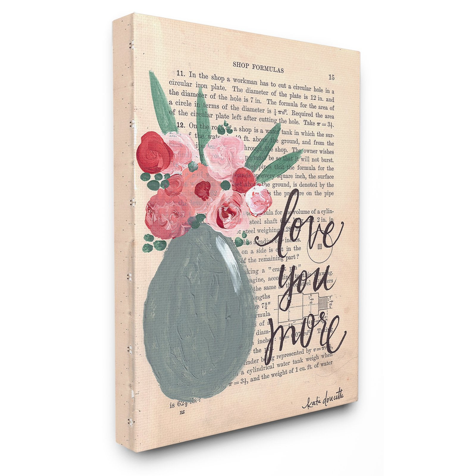 Love You More Floral Typography Beige Canvas Wall Art