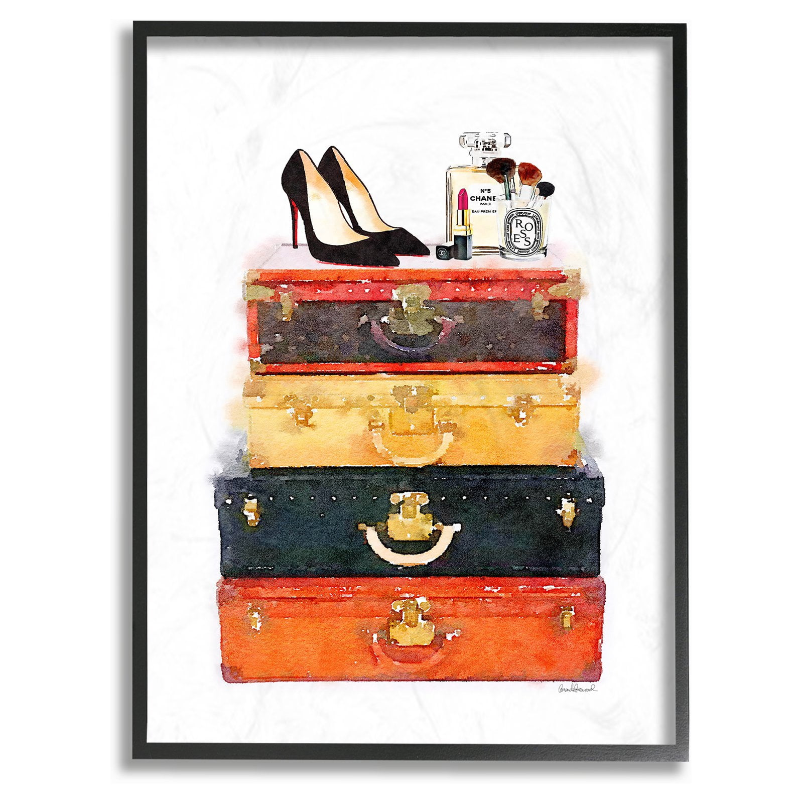 The Stupell Home Decor Collection Luggage Stack Shoes And Makeup Wall Art