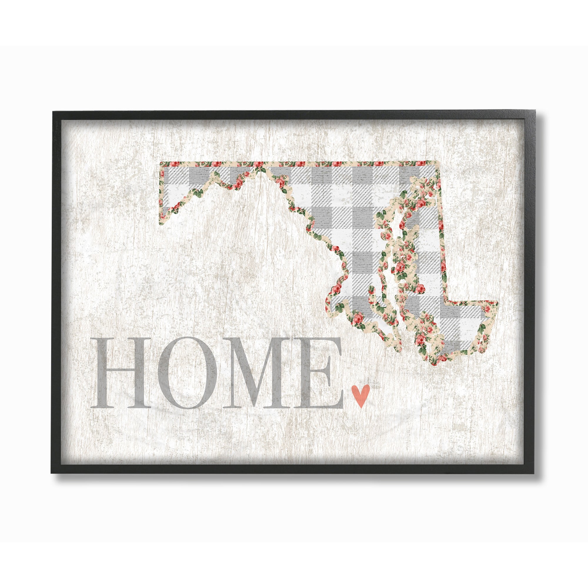 The Stupell Home Decor Collection Maryland Grey Gingham and Floral Heart and Home Framed Giclee Texturized Art, 11 x 1.5 x 14