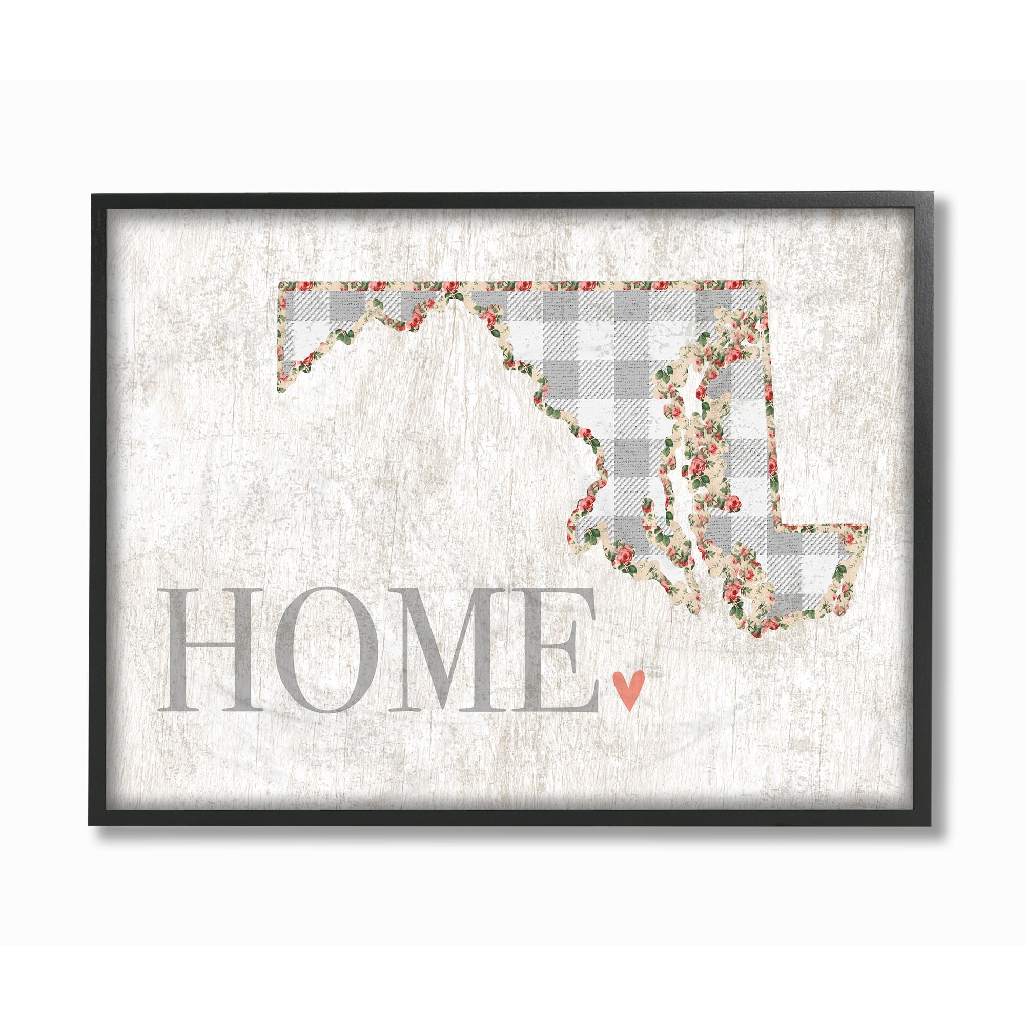 The Stupell Home Decor Collection Maryland Grey Gingham and Floral Heart and Home Oversized Framed Giclee Texturized Art, 16 x 1.5 x 20