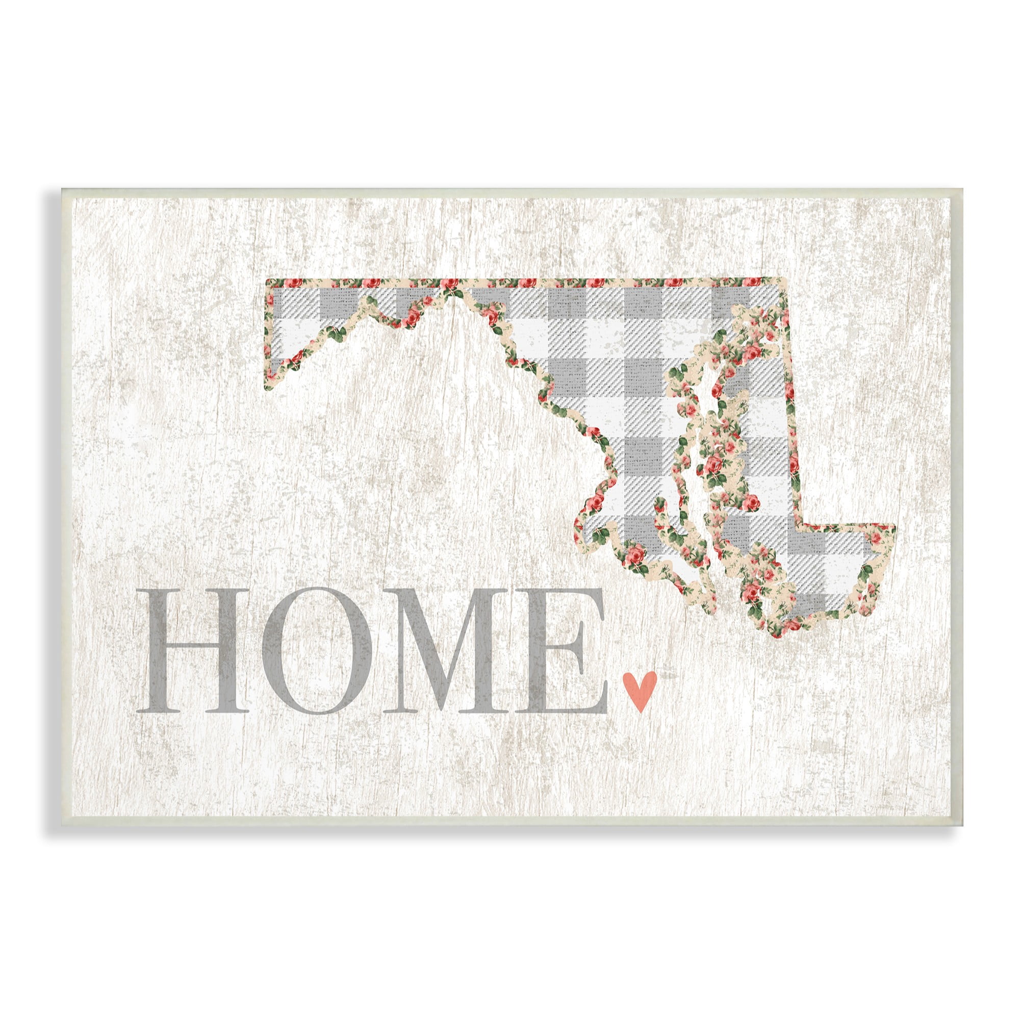 The Stupell Home Decor Collection Maryland Grey Gingham and Floral Heart and Home Oversized Wall Plaque Art, 12.5 x 0.5 x 18.5