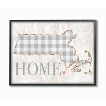 The Stupell Home Decor Collection Massachusetts Grey Gingham and Floral Heart and Home Framed Giclee Texturized Art, 11 x 1.5 x 14