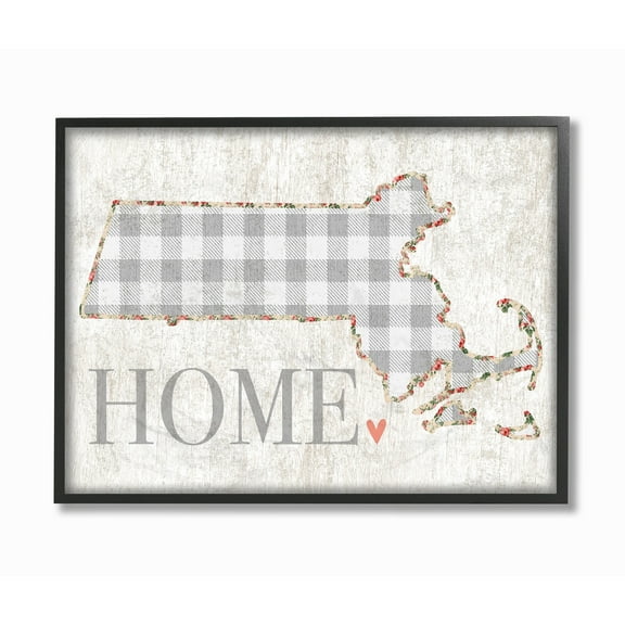 The Stupell Home Decor Collection Massachusetts Grey Gingham and Floral Heart and Home Framed Giclee Texturized Art, 11 x 1.5 x 14
