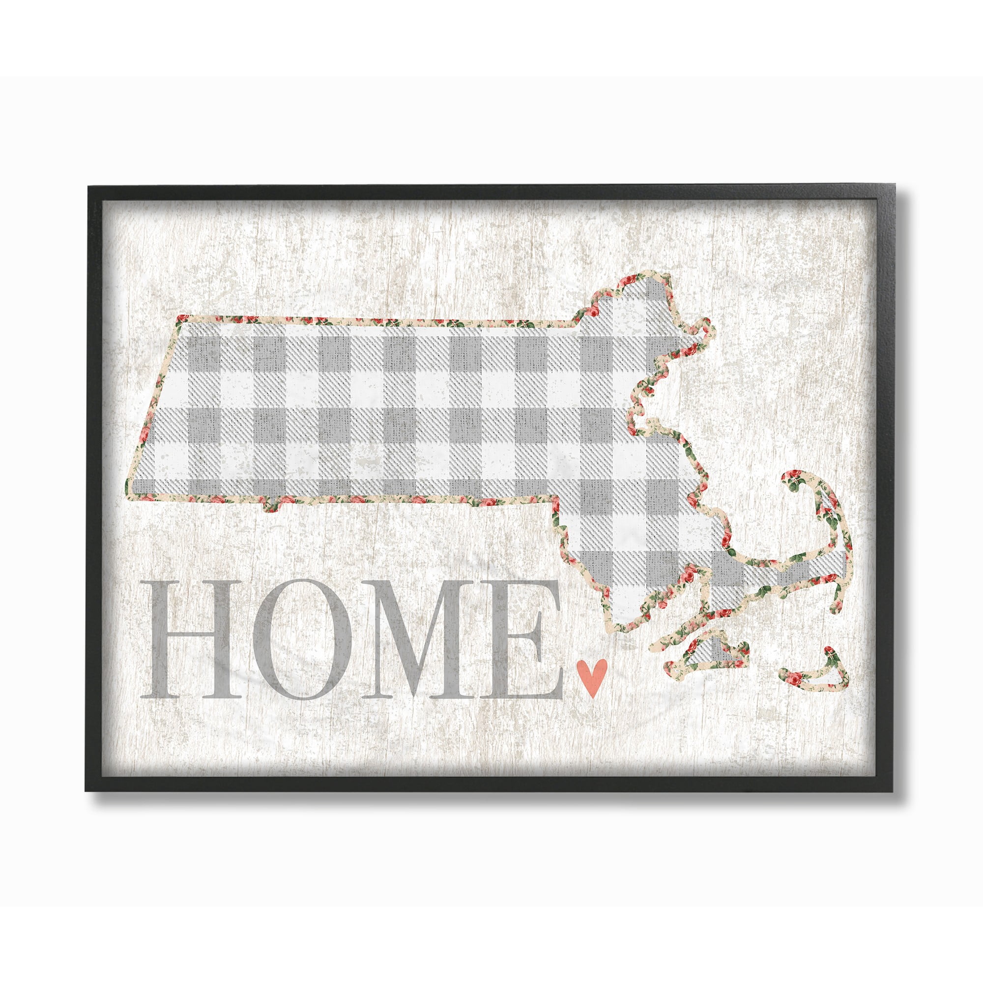 The Stupell Home Decor Collection Massachusetts Grey Gingham and Floral Heart and Home Oversized Framed Giclee Texturized Art, 16 x 1.5 x 20