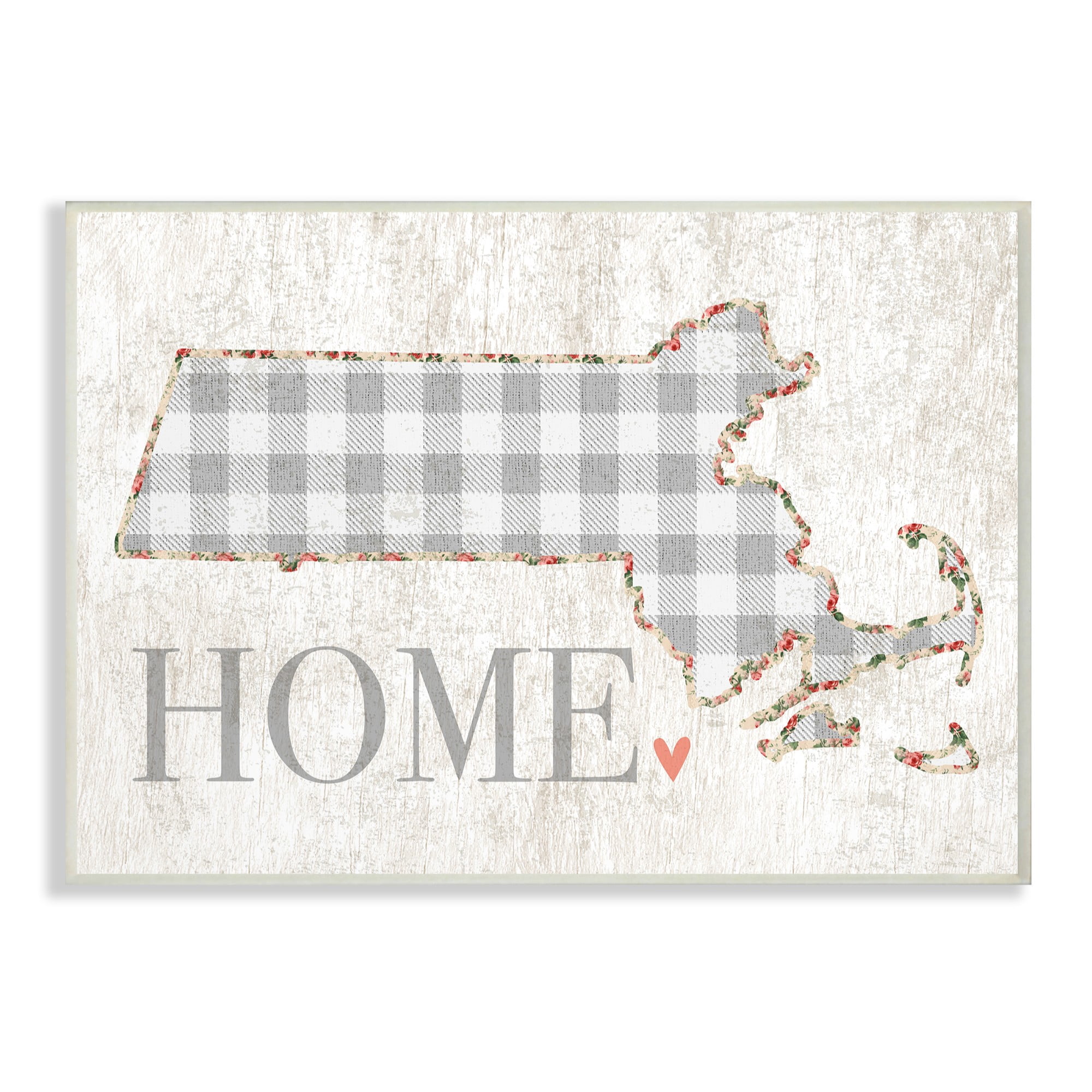 The Stupell Home Decor Collection Massachusetts Grey Gingham and Floral Heart and Home Oversized Wall Plaque Art, 12.5 x 0.5 x 18.5
