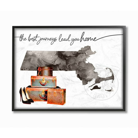 The Stupell Home Decor Collection Massachusetts State The Best Journeys Lead You Home Fashion Shoes and Luggage Illustration Framed Giclee Texturized Art