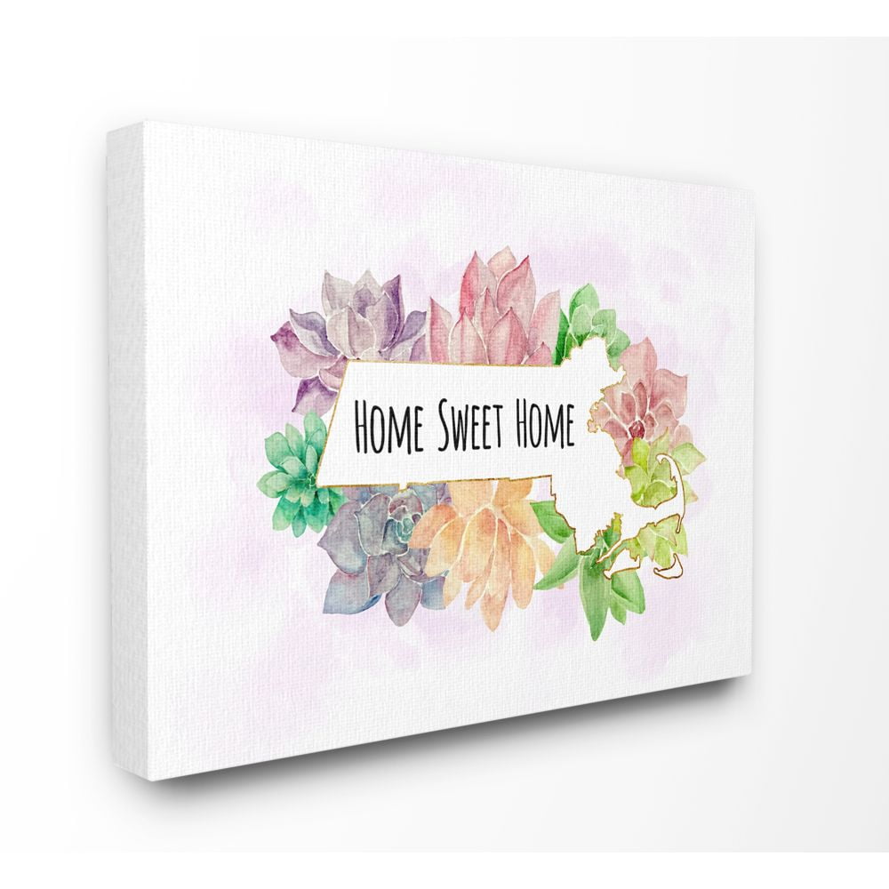The Stupell Home Decor Collection Massachusetts State Home Sweet Home Succulent Watercolor Vignette Canvas Wall Art