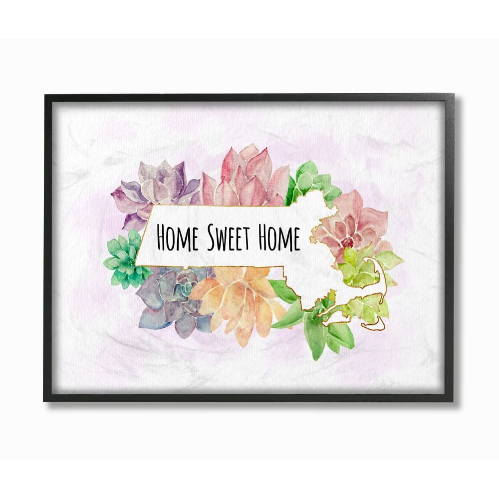 The Stupell Home Decor Collection Massachusetts State Home Sweet Home Succulent Watercolor Vignette Framed Giclee Texturized Art