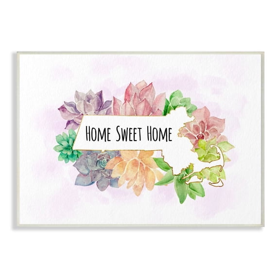 The Stupell Home Decor Collection Massachusetts State Home Sweet Home Succulent Watercolor Vignette Wood Wall Art